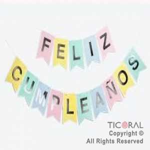 BANDERIN FELIZ CUMPLEA�OS PARTY MULTICOLOR PASTEL CON STAMPING x 1